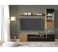 Homlando AURIS B Salon mural - Ensemble de salon moderne en chêne Artisan noir mat avec meuble TV, vitrine et étagère murale. Élégant panneau à lamelles en MDF de qualité supérieure.