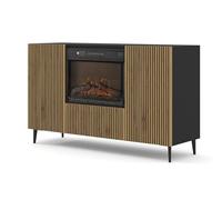 Homlando Ravenna 2D1K Commode avec cheminée, buffet moderne, push-to-open, façade en MDF de qualité supérieure, fonction chauffante, design moderne, meuble de salon, espace de rangement, noir/chêne