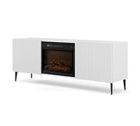 Homlando Ravenna Meuble TV 2D avec cheminée 170 x 42 x 63 cm, 2 portes, 2 étagères, design moderne, effet flamme, pieds en métal noir, push-to-open, meuble TV pour salon, blanc mat