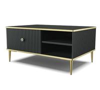 Homlando Table basse Petra 90 x 60 cm carrée - Table d'appoint - Table pour salon - Décorations en MDF fraisé sur pieds en métal doré - Table basse avec étagère (noir mat)