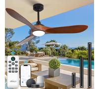 Homlit Ventilateur de plafond extérieur de 132,1 cm avec lumière et télécommande via WiFi Alexa, 3 pales en bois massif en noyer, moteur CC réversible silencieux, ventilateur de plafond en bois