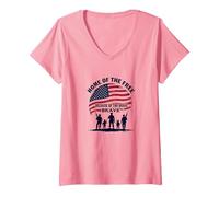 Hommage Patriotique à la Patrie de la liberté pour Les Braves T-Shirt avec Col en V, Femme, Rose, XL