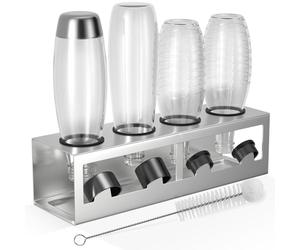 HOMMAND Porte-Bouteilles pour SodaStream Crystal Emil - Support Bouteille et Égouttoir pour 4 Bouteilles, avec Anneaux Protection Silicone, Porte-Couvercle, Argenté