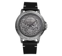 homme Avaner montre Quartz étanche Halloween: Montre Quartz Analogique Bracelet en Cuir Véritable Aiguilles Lumineuses Cadran tête de Mort, Punk Steam-Origine Noir