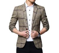 Homme Blazer Décontractée Revers Vestes Tartan Costume Un Boutons Jacket Veston Formel Business Slim Fit à Carreaux,Kaki,XL