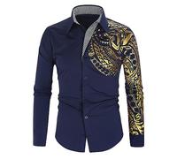 Homme Boutonnées Chemise à Manches Longues Chemise Blanche Imprimée Homme Décontractées Slim Fit Chemise Africaine De Luxe Pour Homme Avec Col Mandarin Imprimé or Métallisé (Bleu foncé 1,L,L)