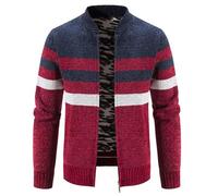 Homme Cardigan Veste en Maille Ouvrez-Front Zippé Gilet Automne Hiver avec Poche Gilet Veste en Maille pour Homme avec Col Droit(Blue Red-L)