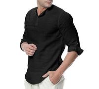 Homme Chemise Blouse Décontractée Solide Couleu Col Mao Manches Longues Chemise en Lin Slim Fit Henley Shirt Business Top A Noir Large