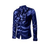 Homme Chemise de Robe Chemise Vintage à Volants à Manches Longues et Col Henley Homme Blouse Brillant Smoking Party Chemise Slim Shirt Club Cérémonie Graduation, bleu, M