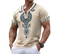 Homme Chemise en Lin de Coton, Henley Shirt Casual Couleur Unie T-shirt de Plage Hippie Médiéval Style Viking Lacets, Renaissance Steampunk Pirate avec Imprimé Totem Ethnique Africain, Et beige, 4XL