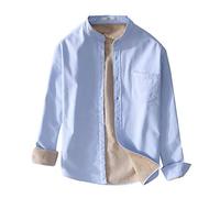 Homme Chemise en Lin décontractée Col Montant Veste Chemise Oxford Unie Col Mao Manche Longue Chemise de Flanelle Épaissir Chaud Polaire Regular Fit Col Bouton Avant Bleu Ciel XL