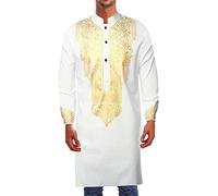 Homme Coton Kurta Courte Chemise Col Rond Tunique Ajustement Normal Chemise Longue Décontractée Robe de Fête Brodée Soie Art Robe de Mariage Porter Chemise Longue Robe Indienne, Blanc., L