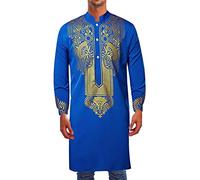 Homme Coton Kurta Courte Chemise Col Rond Tunique Ajustement Normal Chemise Longue Décontractée Robe de Fête Brodée Soie Art Robe de Mariage Porter Chemise Longue Robe Indien, bleu, M