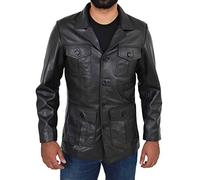 Homme Cuir Noir Veste Safari Aménagée Classique Blazer Rétro Chasseurs Reefer Manteau - Sylas (S - EU 46)