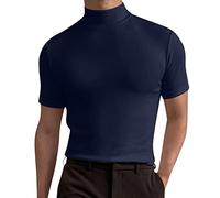 Homme Été Solide T-shirt Chemisier Col montant Col Roulé Manches Courtes Tops T-Shirt Homme Noir Dentelle Sous Chemise Slim Fit Classique T-shirt Col montant, Marine, XXXL