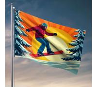 Homme, grotte, bar, snowboarder en veste rouge descendant une pente enneigée avec des arbres de chaque côté. Drapeau de jardin pour printemps et été, printemps (120 x 180 cm)