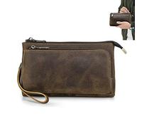 Homme Pochette en Cuir Véritable, Rétro Portefeuille de Grande Capacité, Petit Sac à Main en Cuir de Vache, Porte-Monnaie à Poignet, Sac de Rangement Multifonctionnel pour Travail Voyage Coffee