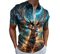 Homme Polo Manches Courtes Éclair Fantastique Grande Taille T Shirt Col Zippé Décontracté Tshirt Ete Comfort Animal Nordique Outdoor Golf Shirts for Man Stretch Slim Fit Vêtements, Cerf Bleu