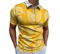 Homme Polo Manches Courtes Feuilles Aux Lignes Simples Grande Taille T Shirt Col Zippé Décontracté Tshirt Ete Comfort Plante Moderne Outdoor Golf Shirts For Man Stretch Slim Fit Vêtements, Jaune