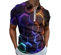 Homme Polo Manches Courtes Nid D'Abeille Néon 3D Grande Taille T Shirt Col Zippé Décontracté Tshirt Ete Comfort Géométrique Élégant Outdoor Golf Shirts For Man Stretch Slim Fit Vêtements, Noir