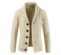 Homme Pull d'hiver en Tricot Veste à Gros Pull Cardigan Boutonné en Tricot torsadé à col châle Slim Fit Manteau Beige XL