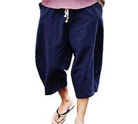 Homme Sarouel 3/4 Shorts Bermudas Pantalon Taille Elastique Baggy Large Pantacourt Décontracté Léger Pantalon en Lin Marine XL