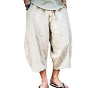 Homme Sarouel 3/4 Shorts Bermudas Pantalon Taille Elastique Baggy Large Pantacourt Décontracté Léger Pantalon en Lin Beige XL