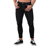 Homme Skinny Push Up Jeans Troué Genoux Slim Fit Serré Denim Pantalon Noir S