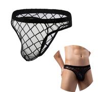 Homme Sous-Vêtements Strings Slip en Maille Transparente Mankini Taille Basse String en Résille à Losanges Slip avec Poche Ventrale (FR/ES, Alpha/lettres, M, Taille normale, Taille normale, Noir)