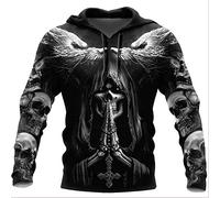 Homme Sweatshirt à Capuche Viking Skull Fenrir Wolf Tattoo Vintage 3D Impression Pleine Zip Col Rond Veste Décontractée Survêtement, Personnalité Païenne Celtique Nordique Streetwear,Pullover,M
