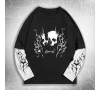 Homme T-shirt 2 en 1 imprimé crâne, style Y2K, école, automne, années 2000, Top à manches longues L,M,S,XLBlocs de couleur,HalloweenÉtoffe