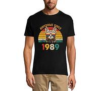 Homme Tee-Shirt Génial Depuis 1989 Chat Rétro - Awesome Since 1989 Retro Cat - 35 Ans T-Shirt Graphique Idée Cadeau 35e Anniversaire Vintage Année 1989 Nouveauté Noir Profond L