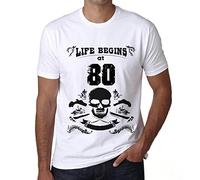 Homme Tee-Shirt La Vie Commence À 80 Ans - Life Begins at 80 - 80 Ans T-Shirt Graphique Idée Cadeau 80e Anniversaire Vintage Année 1944 Nouveauté Blanc 5XL