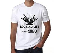 Homme Tee-Shirt La Vie en Rose Depuis 1980 - Rocking Life Since 1980 - 44 Ans T-Shirt Graphique Idée Cadeau 44e Anniversaire Vintage Année 1980 Nouveauté Blanc M