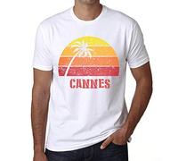 Homme Tee-Shirt Palmier Plage Coucher De Soleil À Cannes - Palm, Beach, Sunset in Cannes - T-Shirt Graphique Éco-Responsable Vintage Cadeau Nouveauté Blanc L