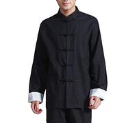 Homme Veste De Tang Chinois Vêtement Tai Chi Kung-Fu Chemise en Coton De Chanvre + Pantalon Noir L