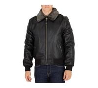 Homme Veste en cuir à col en fourrure, Noir