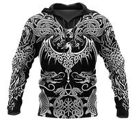 Homme Viking Loup Dragon Sweat à Capuche, Tatouage Nordique Imprimé 3D Pull Zippé Grandes Poches à Manches Longues Veste Ample Décontractée, Streetwear Personnalité Païenne Celtique,Pullover,6XL