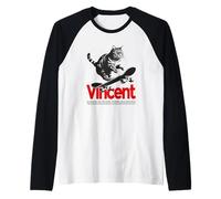 Homme VINCENT - beau nom de garçon avec un chat & skateboard Manche Raglan