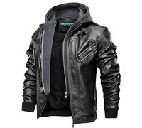 Hommes À Capuche PU Cuir Veste aviateur Moto Blousons avec Amovible Capuche Men Leather Hooded Jacket (Noir,Large)