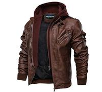 Hommes À Capuche PU Cuir Veste aviateur Moto Blousons avec Amovible Capuche Men Leather Hooded Jacket (Brown,Large)