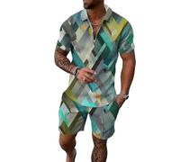 Hommes Argyle Imprimer Deux pièces Ensemble Demi-Collier Zip texturé Polo Top et Pantalons Courts Correspondants Tenues décontractées Vacances d'été