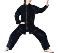 Hommes Arts Martiaux Kung Fu Uniforme, Tang Costume Tang Velours Doré Tai Chi Vêtements Unisexe Deux Pièces, Convient pour WU Shu Wing Chun Taekwondo, Black, XL