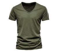 Hommes Bamboo Coton Manches Courtes col en V Confortable Doux Muscle t-Shirt Casual Slim Fit Sport Plage t-Shirt (Vert Militaire,L)
