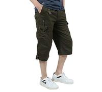Hommes Cargo Shorts en Coton Bermuda Pantacourt Casual Multi Poches Loisirs 3/4 Short Eté Hommes Short de Sport Court Pantalon Armée Vert Taille FR XXS(Asie S)