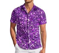 Hommes Carnaval Paillettes Mode Numérique 3D Imprimé Manches Courtes Revers Boutonné Petit Haut Tenue Disco Habillées Costume T-Shirt Annee 80 Brillante Tenue de Soiree Vetement Clubwear Nuit de Fête