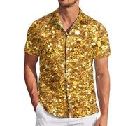 Hommes Carnaval Paillettes Mode Numérique 3D Imprimé Manches Courtes Revers Boutonné Petit Haut Tenue Disco Habillées Costume T-Shirt Annee 80 Brillante Tenue de Soiree Vetement Clubwear Nuit de Fête