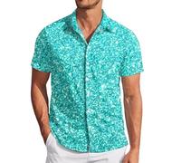 Hommes Carnaval Paillettes Mode Numérique 3D Imprimé Manches Courtes Revers Boutonné Petit Haut Tenue Disco Habillées Costume T-Shirt Annee 80 Brillante Tenue de Soiree Vetement Clubwear Nuit de Fête