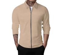 Hommes Casual Cardigan Pull Revers Zip Couleur Unie à Manches Longues Waffle Jacket Coupe AjustéE Veste Cardigan à Manches Longues pour Homme Revers Fin Col Montant Zippé LéGer Et Fin à Pull