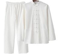 Hommes Chinois Vêtements Traditionnels Tang Costume Coton Lin Tai Chi Vêtements Lâche Kung Fu À Manches Longues Manteau Tops Et Pantalons, White, 3XL